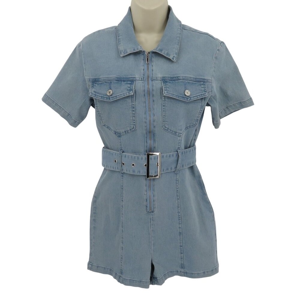 Missguided Women 4 Blue Jean Denim Stretch Zip Playsuit Romper One Piece NEW